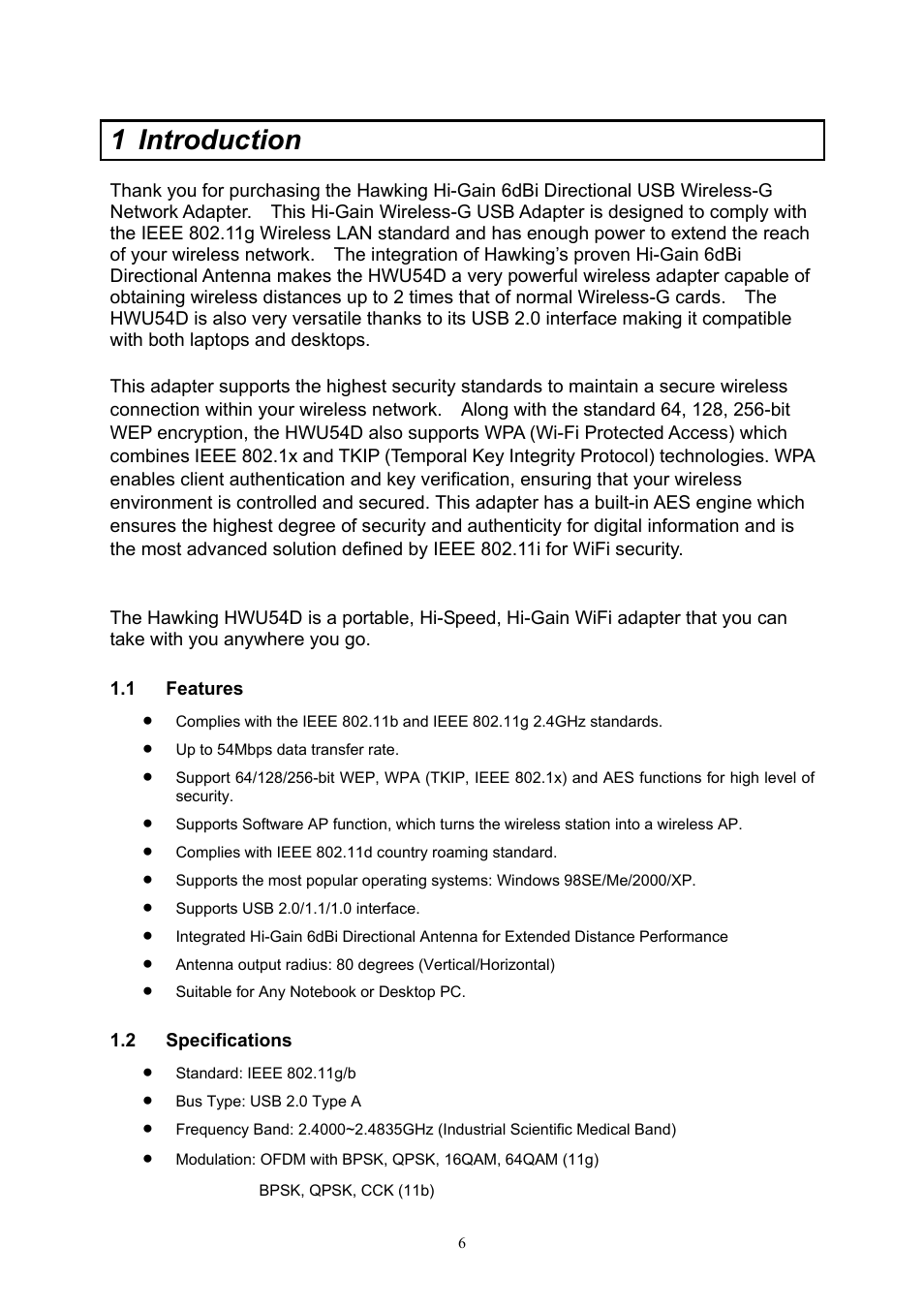 Features, Specifications, Introduction | 1 features, 2 specifications, 1 introduction | Hawking Technology HWU54D User Manual | Page 6 / 30