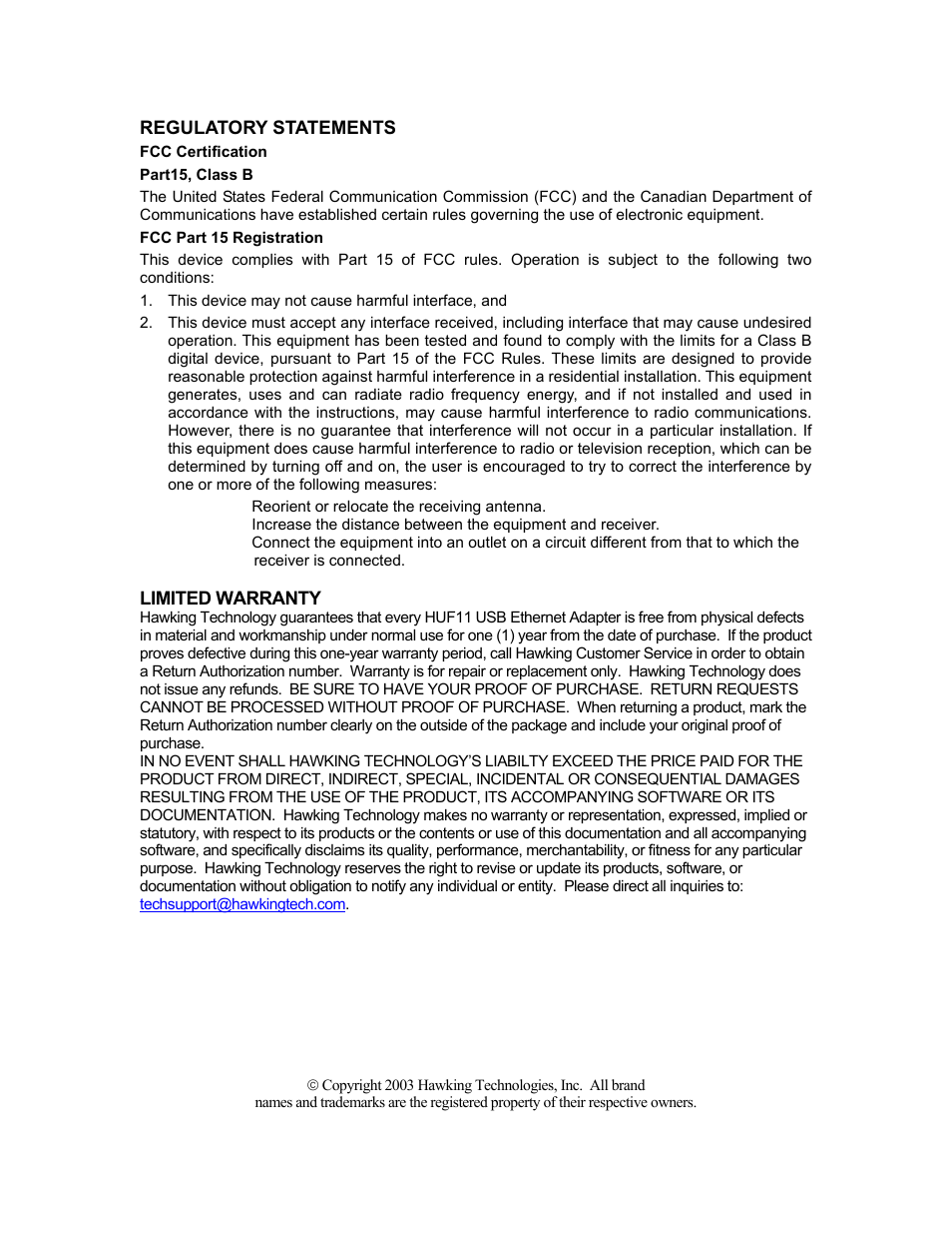 Limited warranty | Hawking Technology USB 10/100 Mbps User Manual | Page 2 / 10