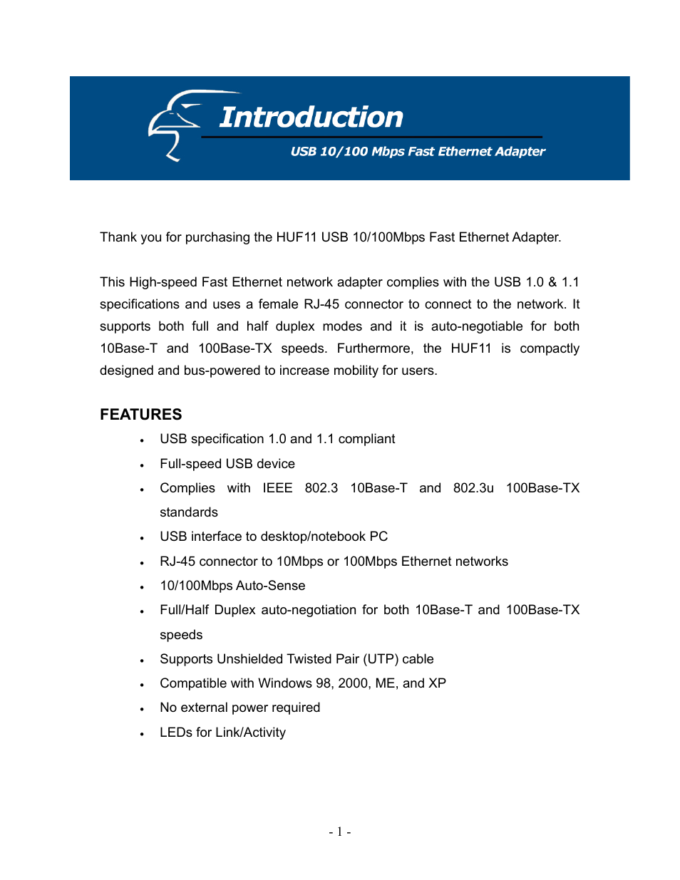 Features | Hawking Technology USB 10/100 Mbps User Manual | Page 4 / 10