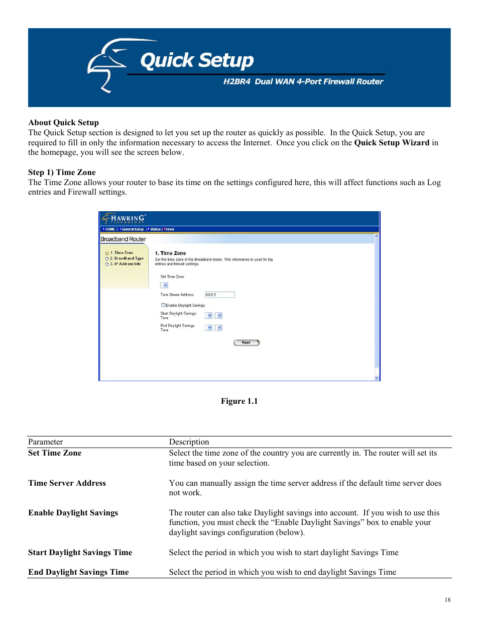 About quick setup, Step 1) time zone, Figure 1.1 | Hawking Technology H2BR4 User Manual | Page 18 / 82