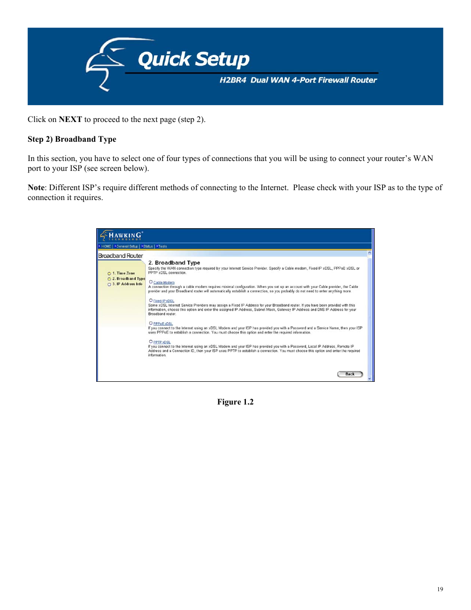Step 2) broadband type, Figure 1.2 | Hawking Technology H2BR4 User Manual | Page 19 / 82