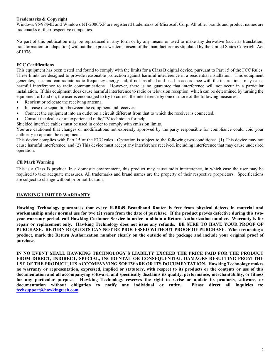 Ce mark warning | Hawking Technology H2BR4 User Manual | Page 2 / 82