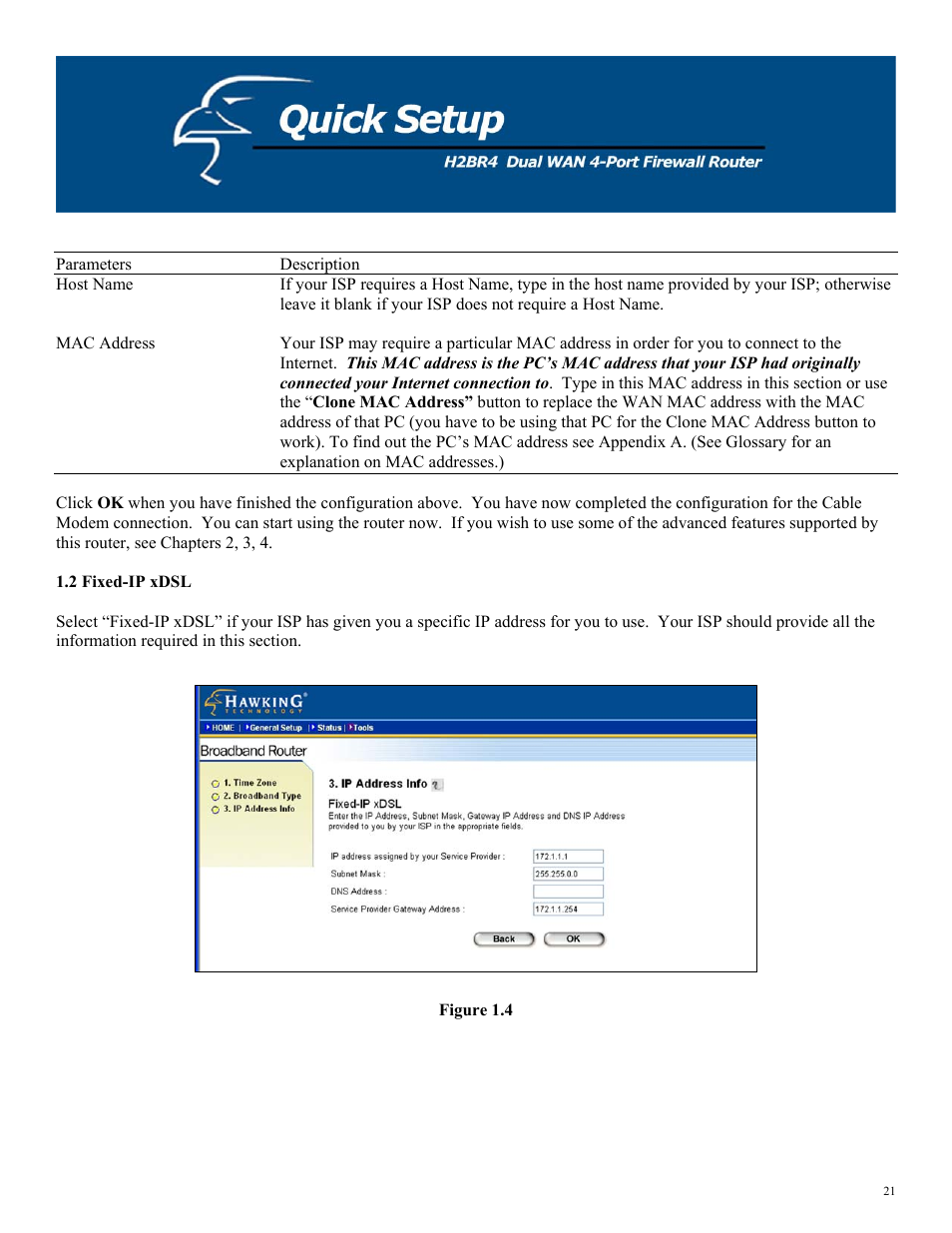 2 fixed-ip xdsl, Figure 1.4 | Hawking Technology H2BR4 User Manual | Page 21 / 82