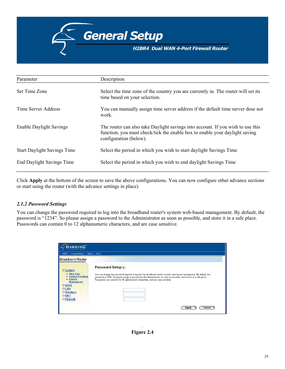 2 password settings | Hawking Technology H2BR4 User Manual | Page 29 / 82