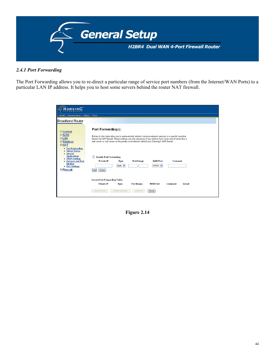 1 port forwarding, Figure 2.14 | Hawking Technology H2BR4 User Manual | Page 44 / 82