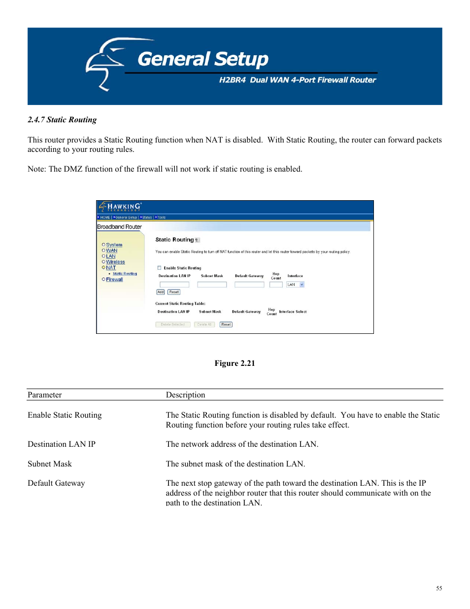 7 static routing, Figure 2.21 | Hawking Technology H2BR4 User Manual | Page 55 / 82
