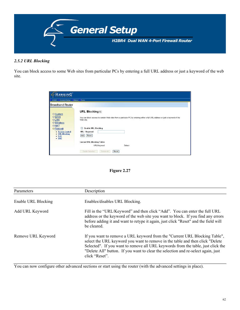 2 url blocking, Figure 2.27 | Hawking Technology H2BR4 User Manual | Page 62 / 82