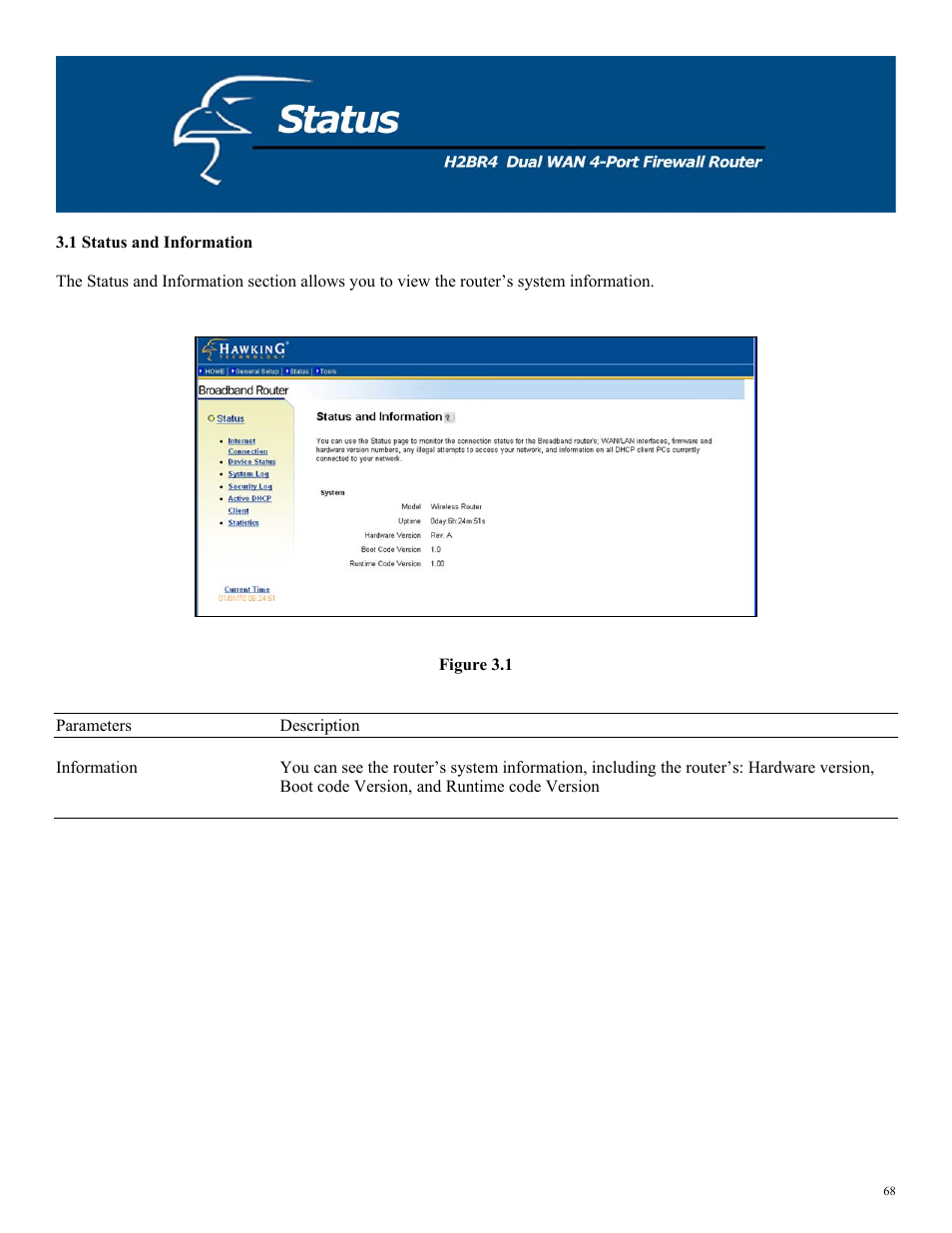 1 status and information | Hawking Technology H2BR4 User Manual | Page 68 / 82