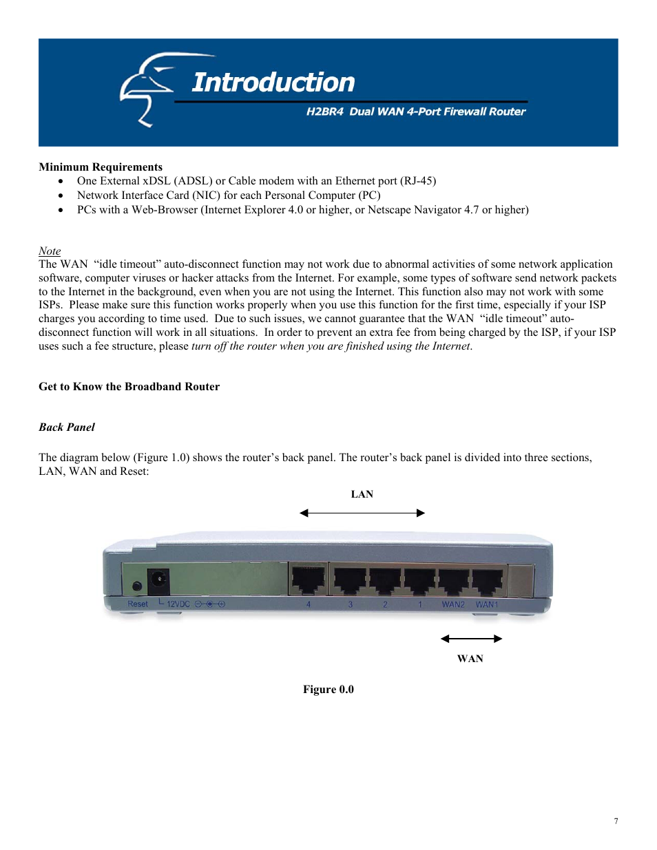 Minimum requirements, Note, Get to know the broadband router | Back panel | Hawking Technology H2BR4 User Manual | Page 7 / 82