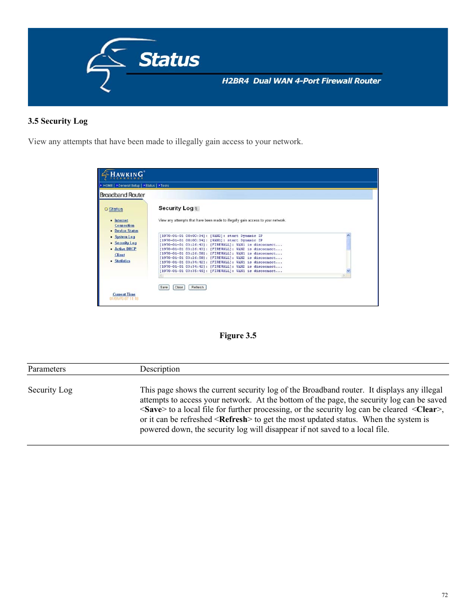 5 security log, Figure 3.5 | Hawking Technology H2BR4 User Manual | Page 72 / 82