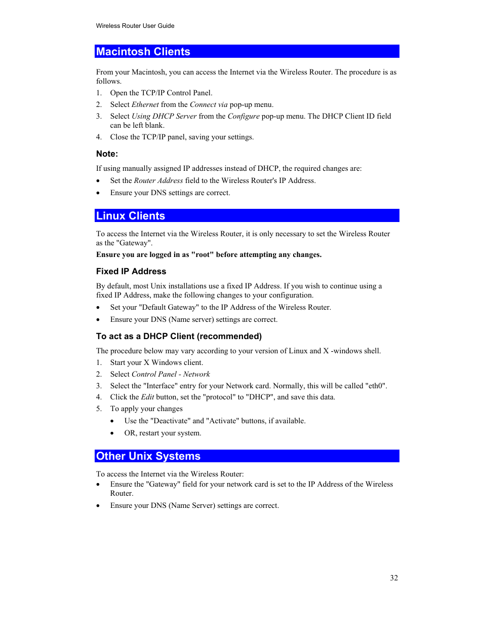 Macintosh clients, Linux clients, Other unix systems | Hawking Technology HWR54G User Manual | Page 36 / 90