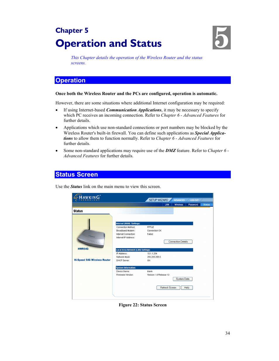 Operation and status | Hawking Technology HWR54G User Manual | Page 38 / 90