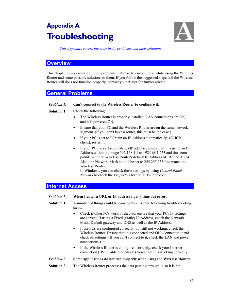 Troubleshooting, Appendix a | Hawking Technology HWR54G User Manual | Page 85 / 90
