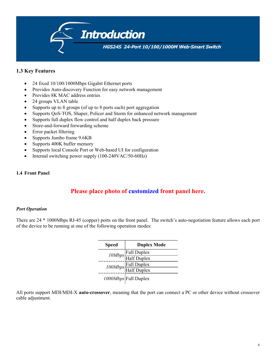 Port operation, Please place photo of customized front panel here | Hawking Technology HGS24S User Manual | Page 6 / 27