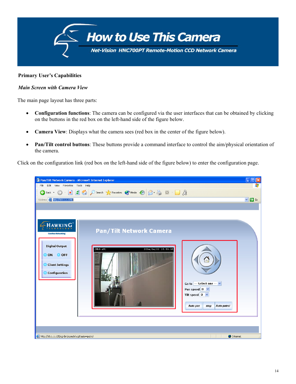 Primary user’s capabilities, Main screen with camera view | Hawking Technology HNC700PT User Manual | Page 14 / 58