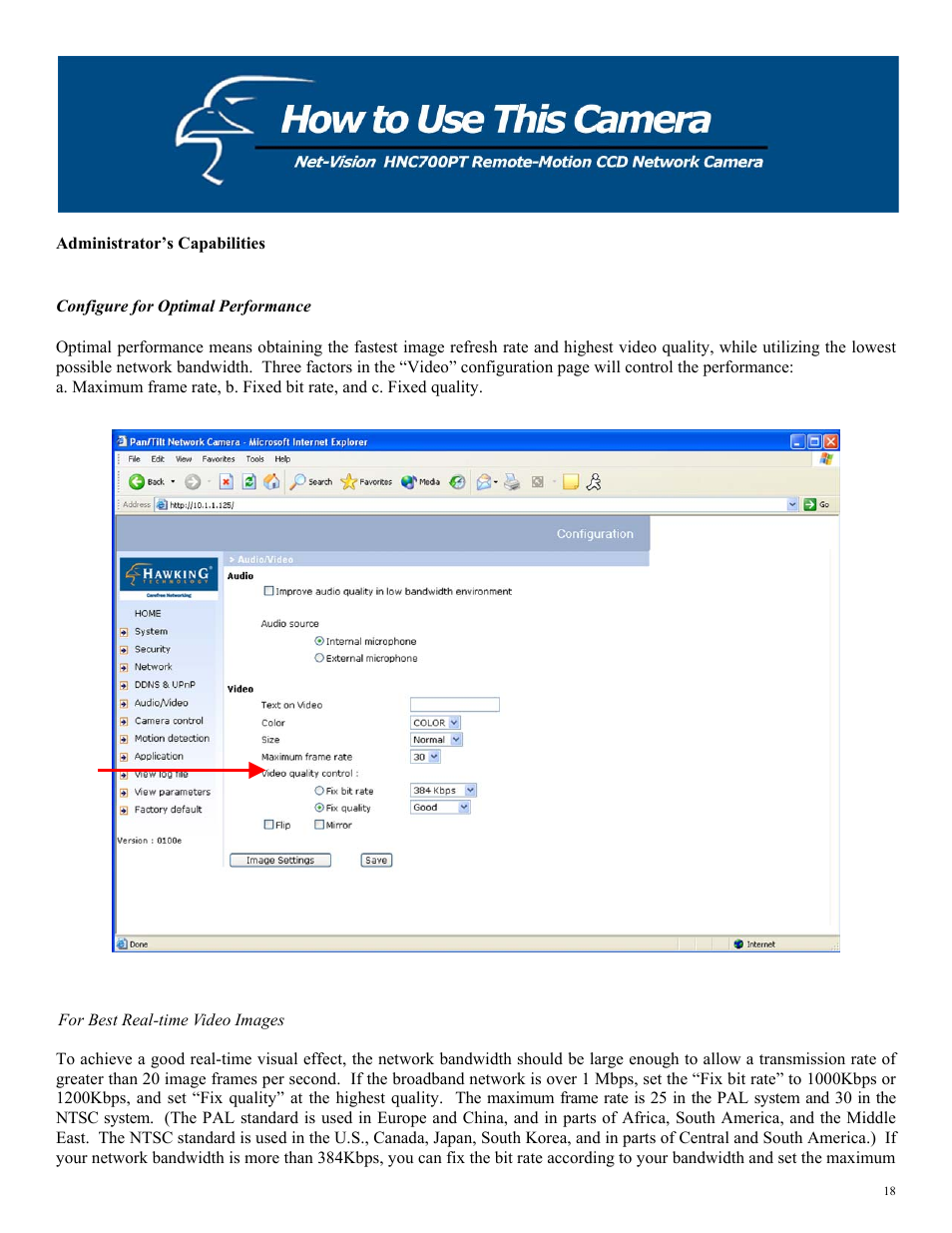 Administrator’s capabilities, Configure for optimal performance, For best real-time video images | Hawking Technology HNC700PT User Manual | Page 18 / 58