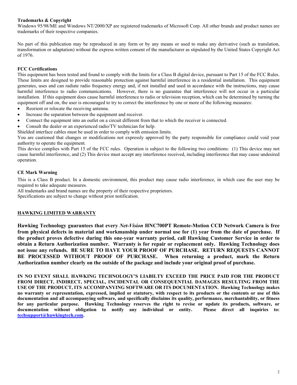 Ce mark warning | Hawking Technology HNC700PT User Manual | Page 2 / 58