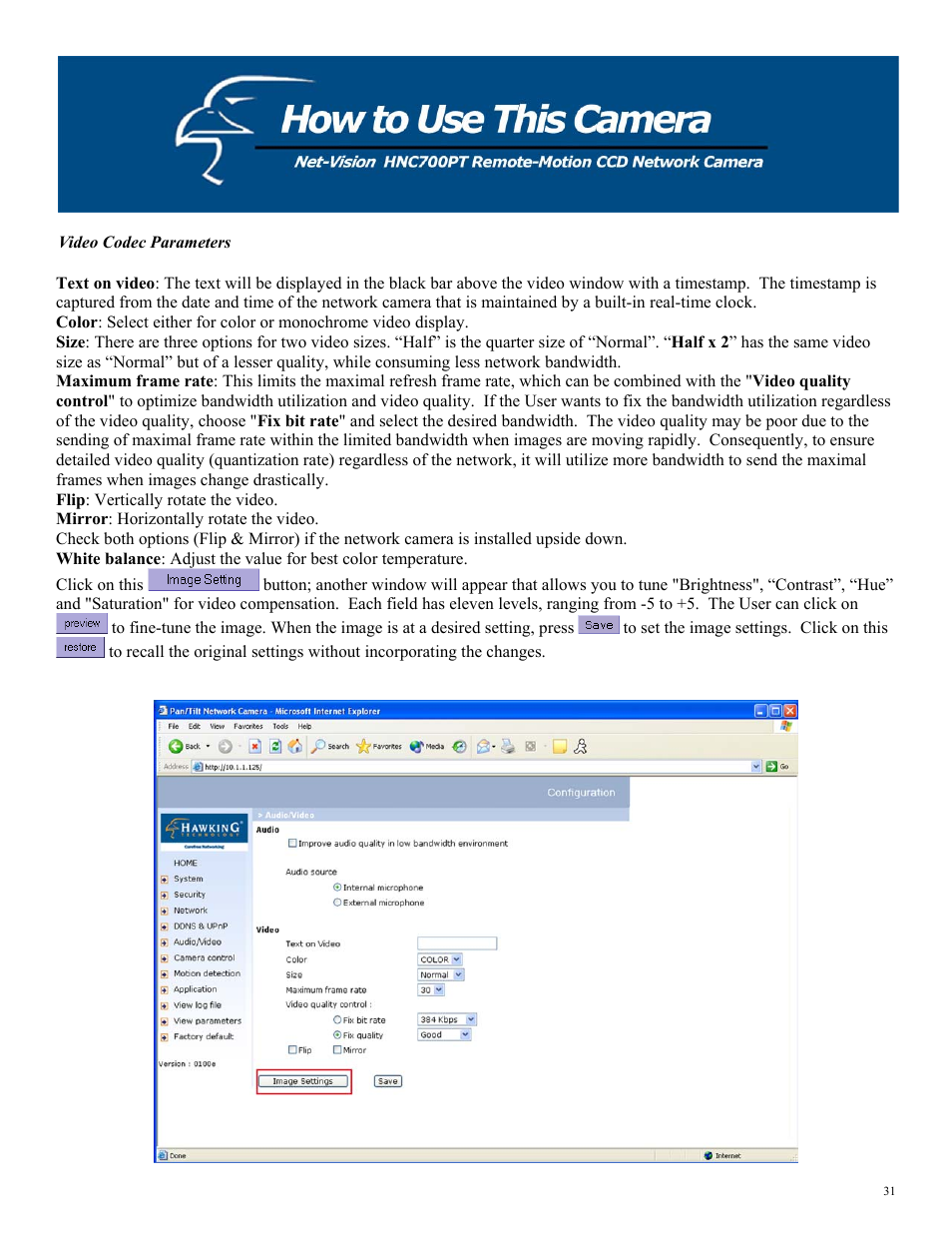Video codec parameters | Hawking Technology HNC700PT User Manual | Page 31 / 58