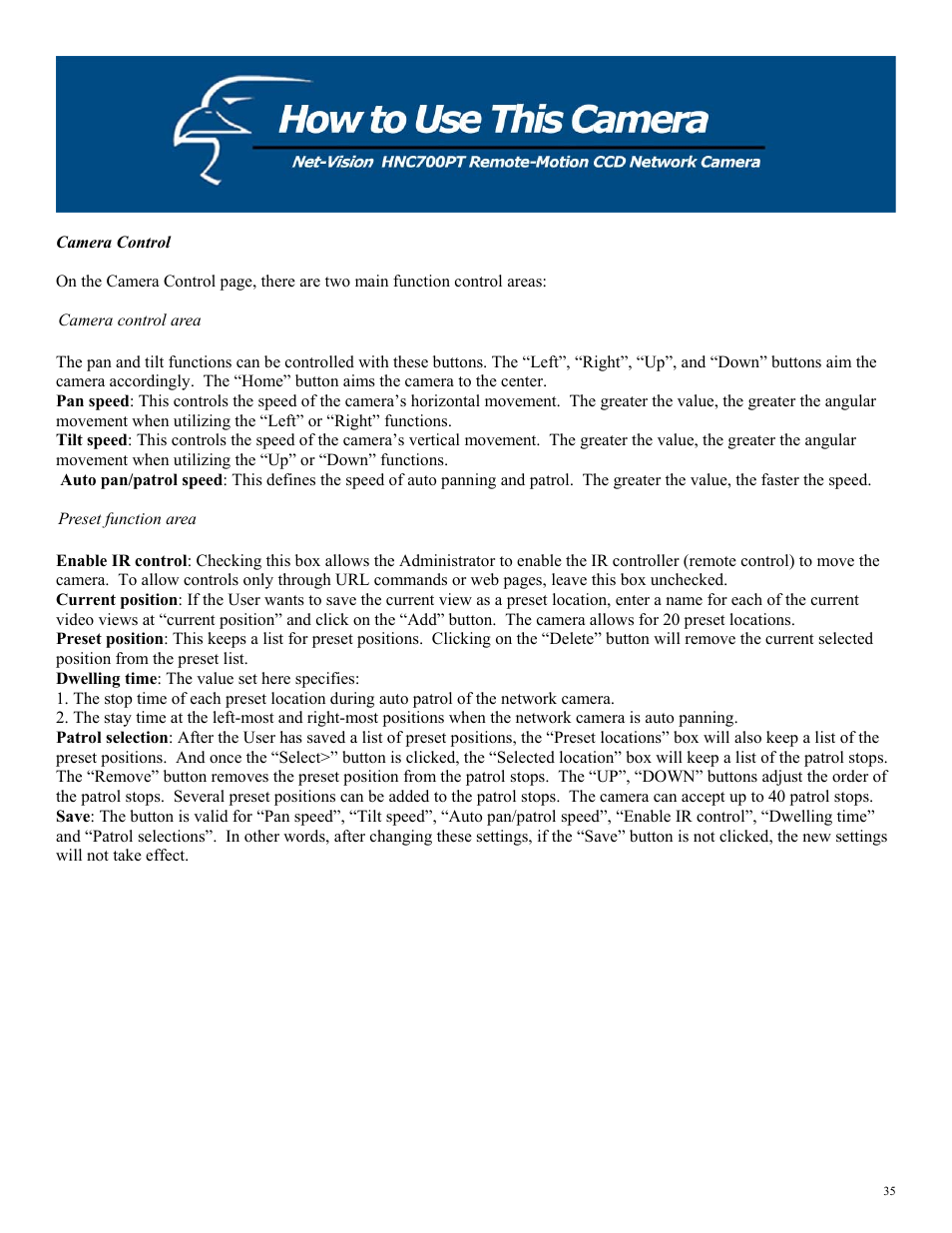 Camera control, Camera control area, Preset function area | Hawking Technology HNC700PT User Manual | Page 35 / 58
