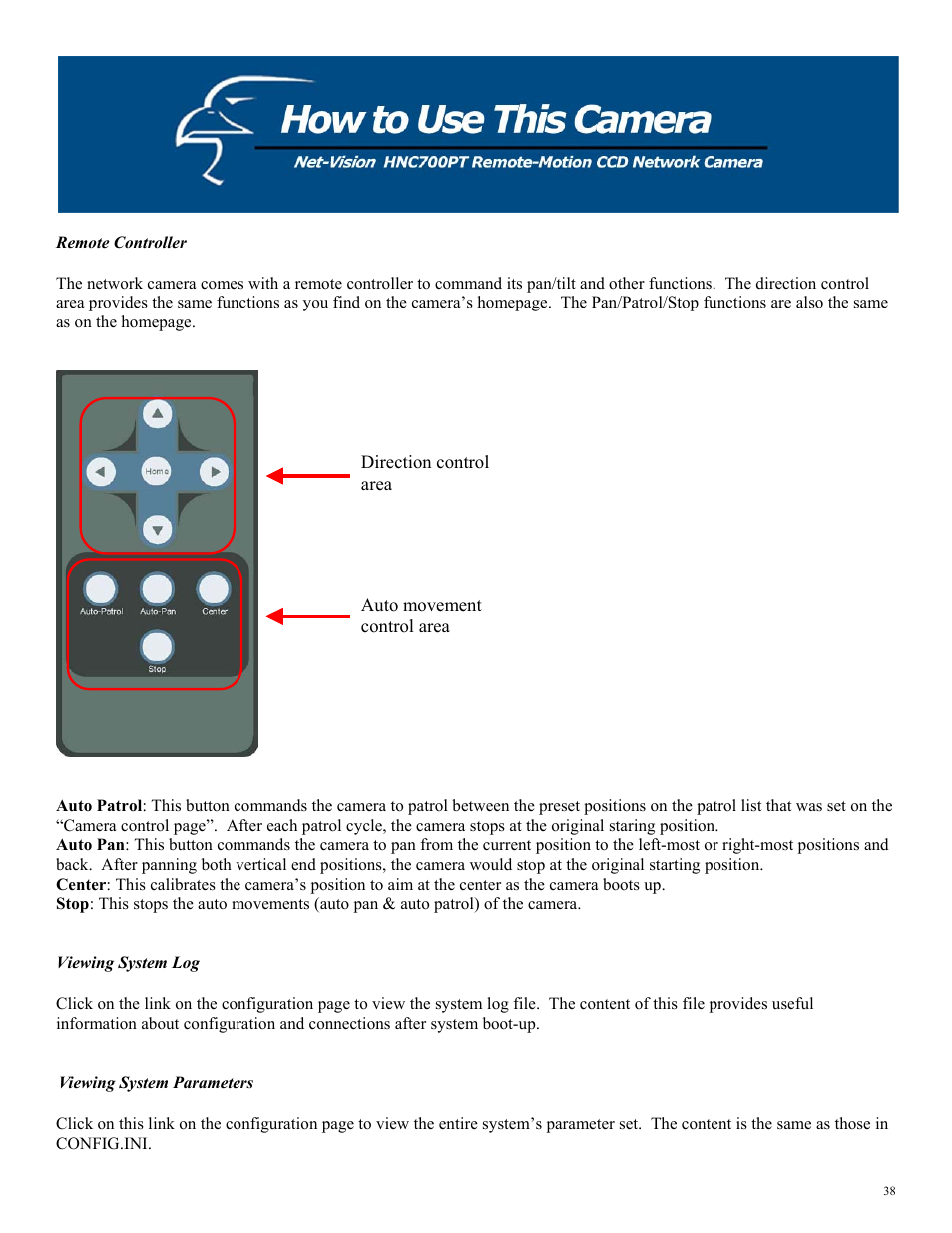 Remote controller, Viewing system log, Viewing system parameters | Hawking Technology HNC700PT User Manual | Page 38 / 58
