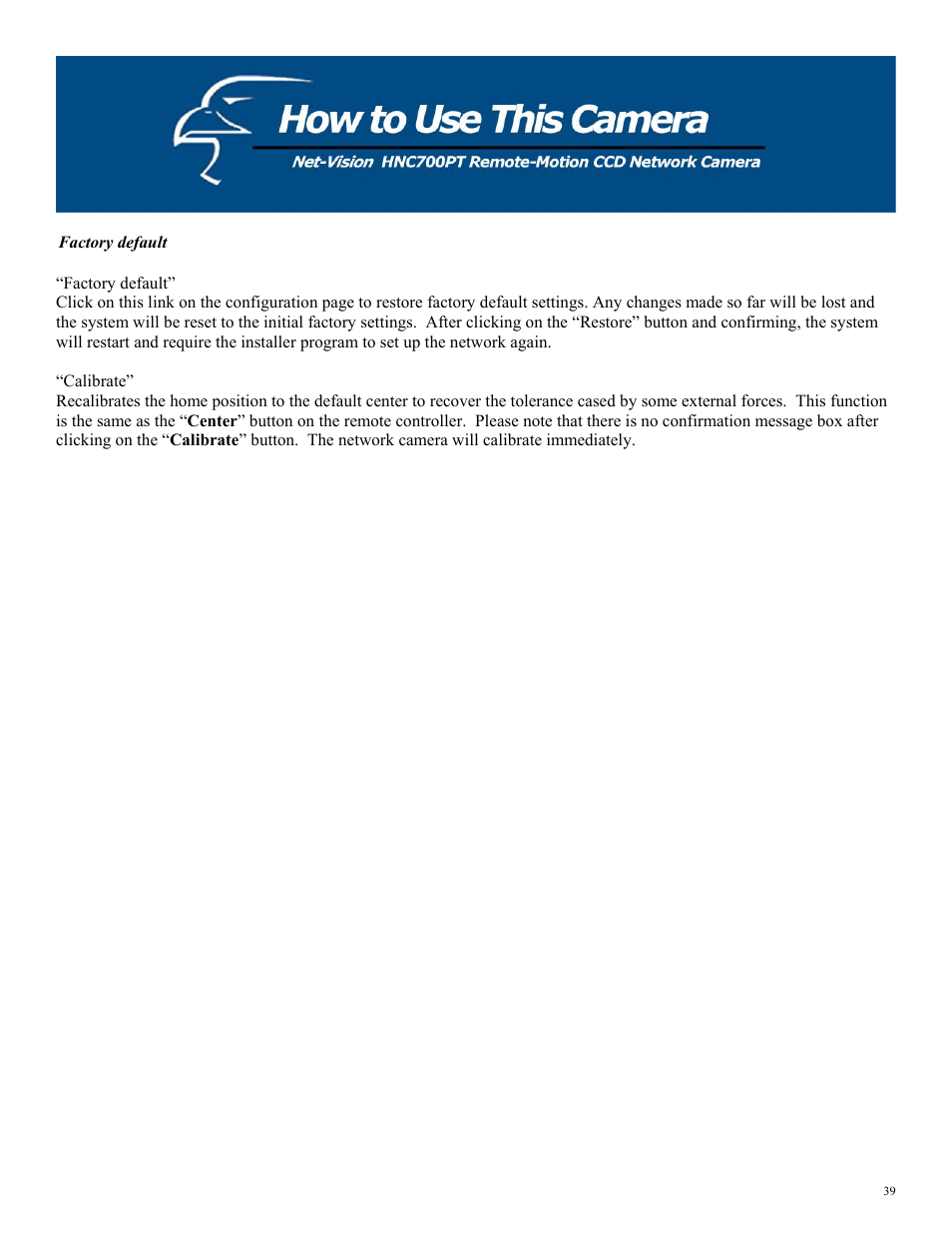 Factory default | Hawking Technology HNC700PT User Manual | Page 39 / 58