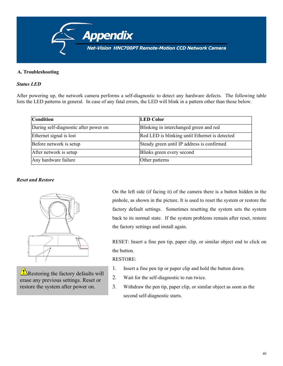 A. troubleshooting, Reset and restore | Hawking Technology HNC700PT User Manual | Page 40 / 58