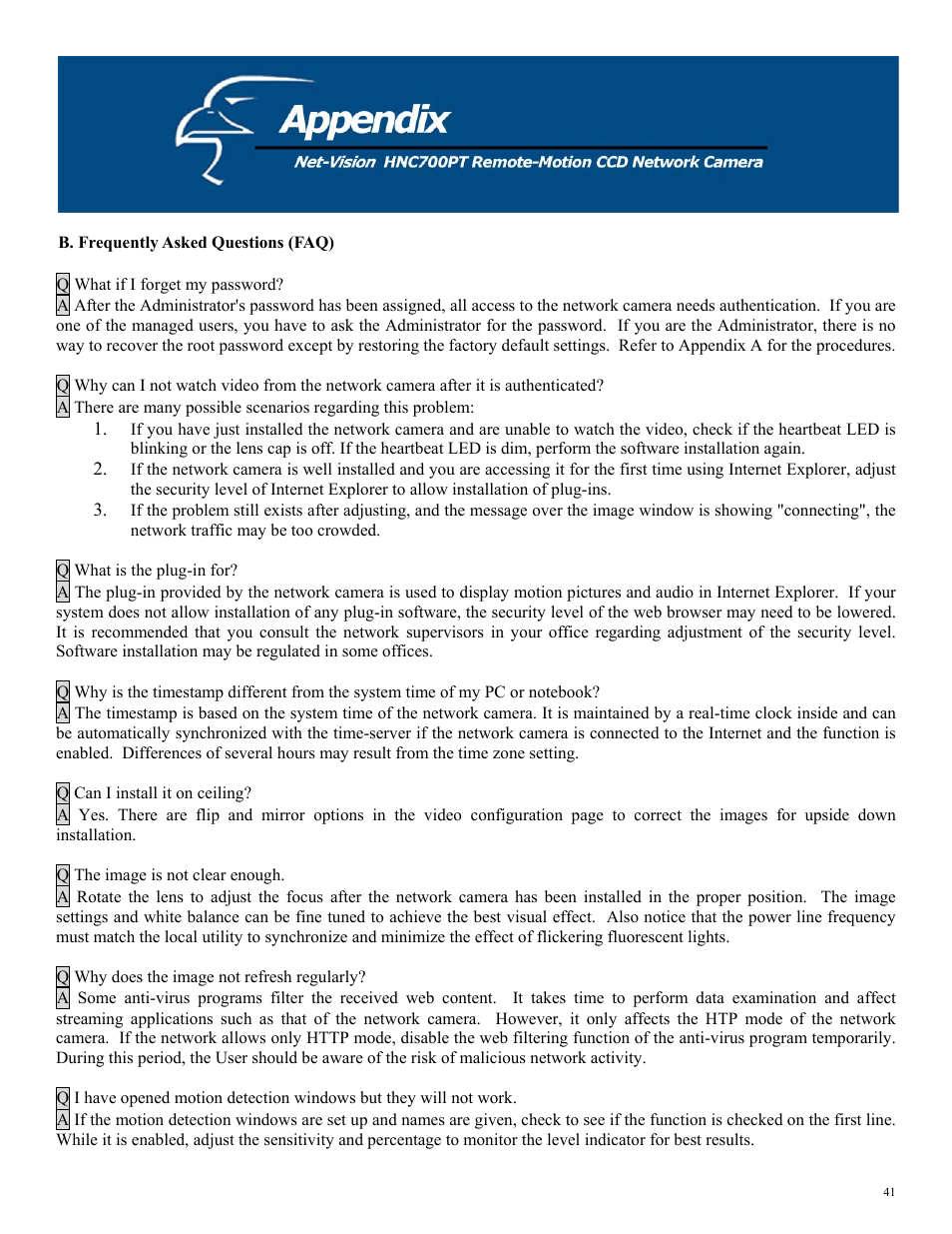 B. frequently asked questions (faq) | Hawking Technology HNC700PT User Manual | Page 41 / 58