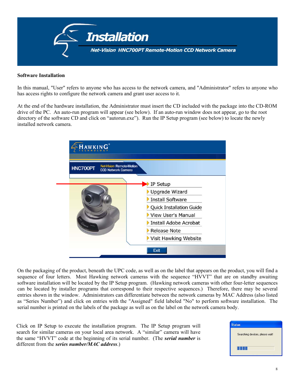 Software installation | Hawking Technology HNC700PT User Manual | Page 8 / 58