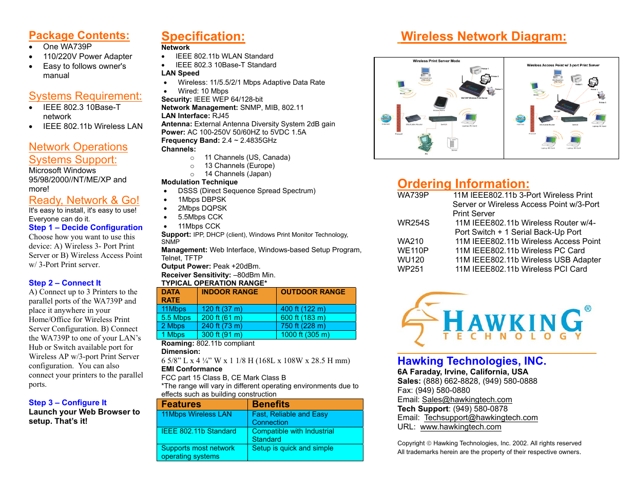 Specification, Wireless network diagram: ordering information, Package contents | Systems requirement, Network operations systems support, Ready, network & go, Hawking technologies, inc | Hawking Technology WA739P User Manual | Page 2 / 2