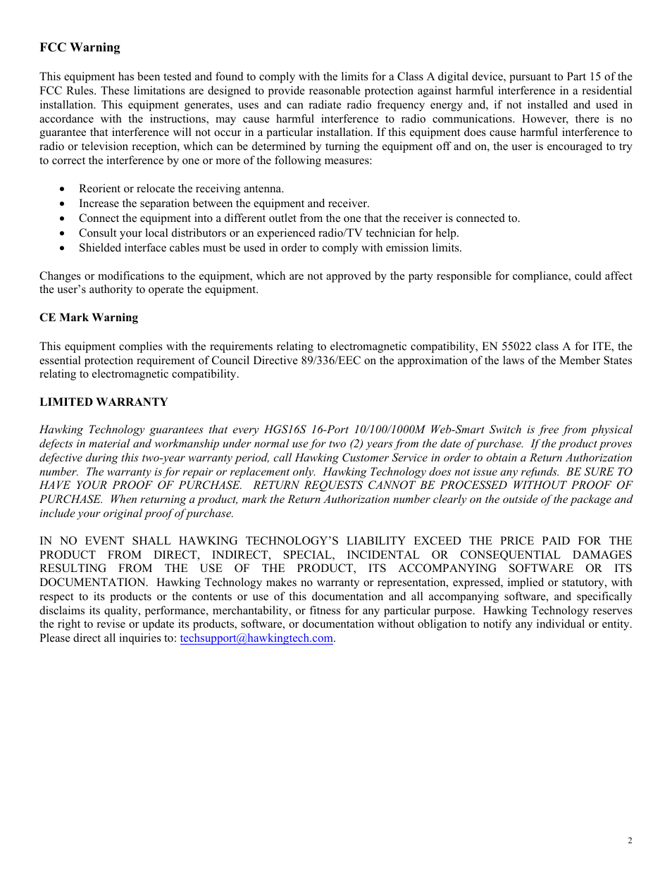 Ce mark warning | Hawking Technology 10M User Manual | Page 2 / 25