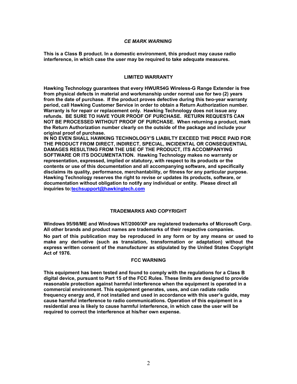 Trademarks and copyright, Fcc warning | Hawking Technology HWUR54G User Manual | Page 2 / 29