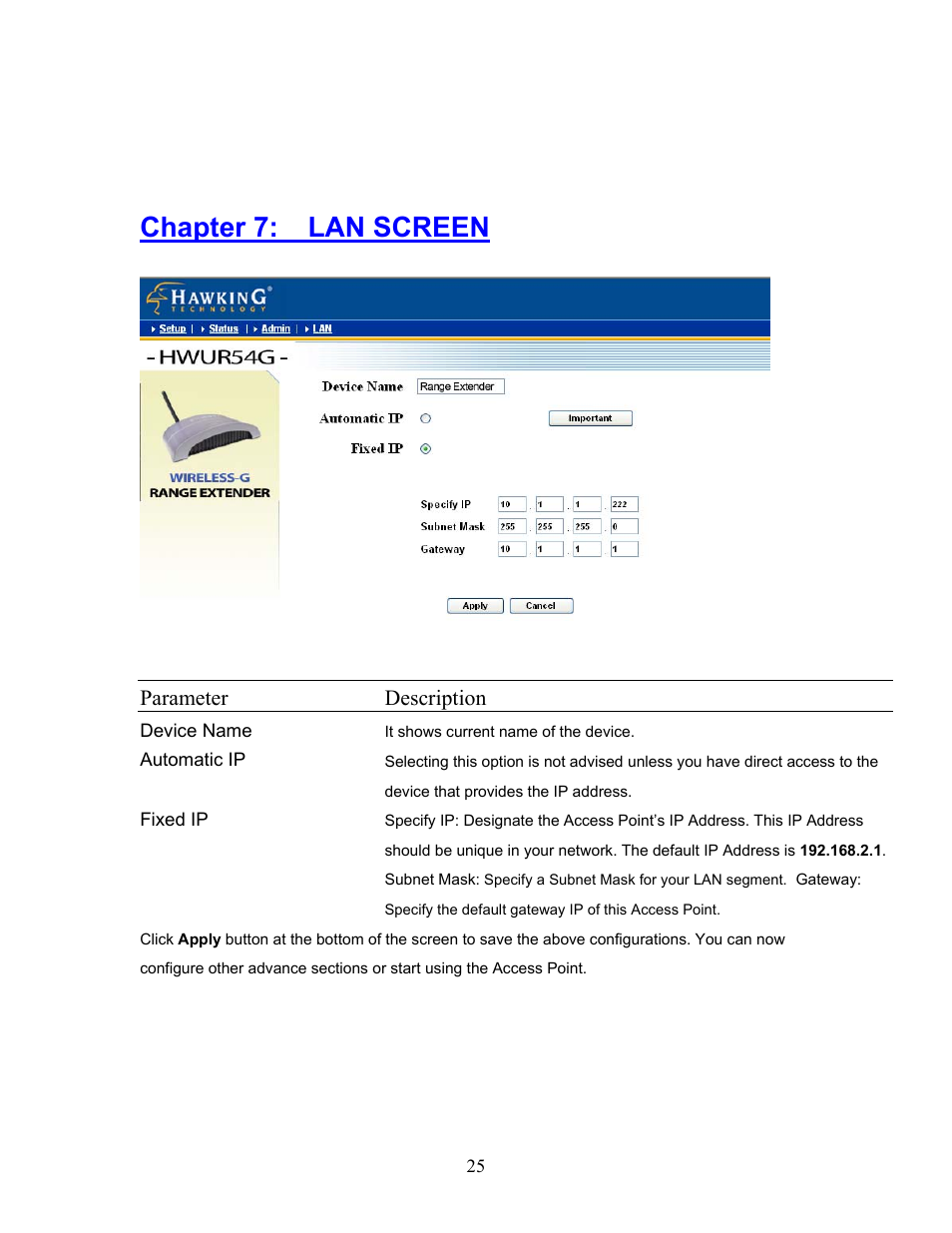 Chapter 7:lan screen, Chapter 7: lan screen | Hawking Technology HWUR54G User Manual | Page 25 / 29