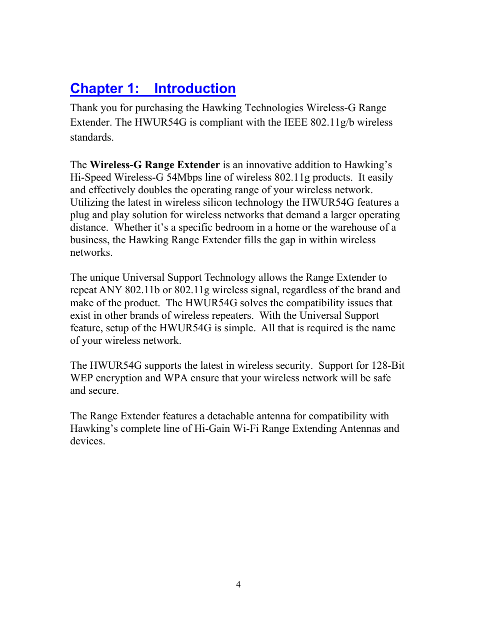 Chapter 1:introduction, Chapter 1: introduction | Hawking Technology HWUR54G User Manual | Page 4 / 29