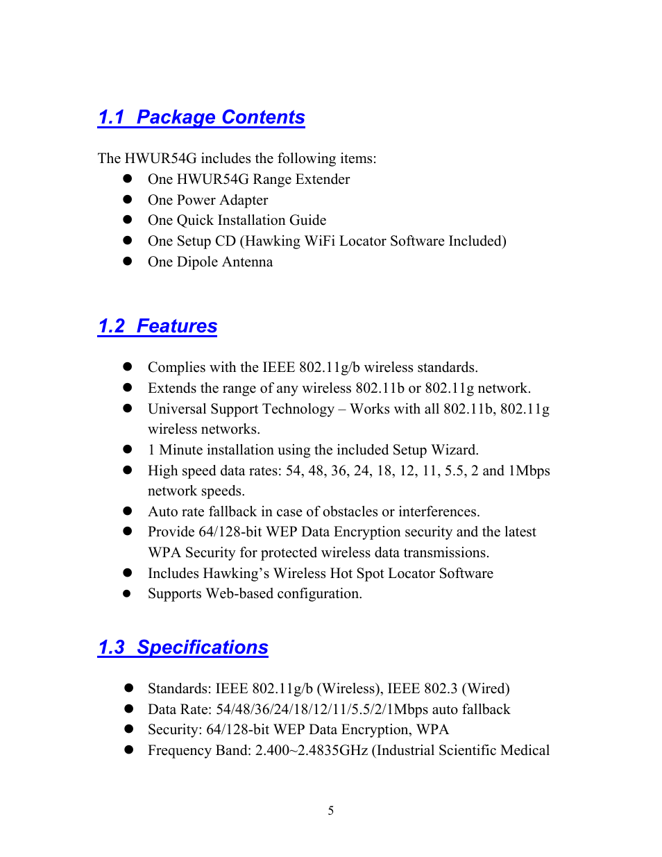 1package contents, 2features, 3specifications | 1 package contents, 2 features, 3 specifications | Hawking Technology HWUR54G User Manual | Page 5 / 29