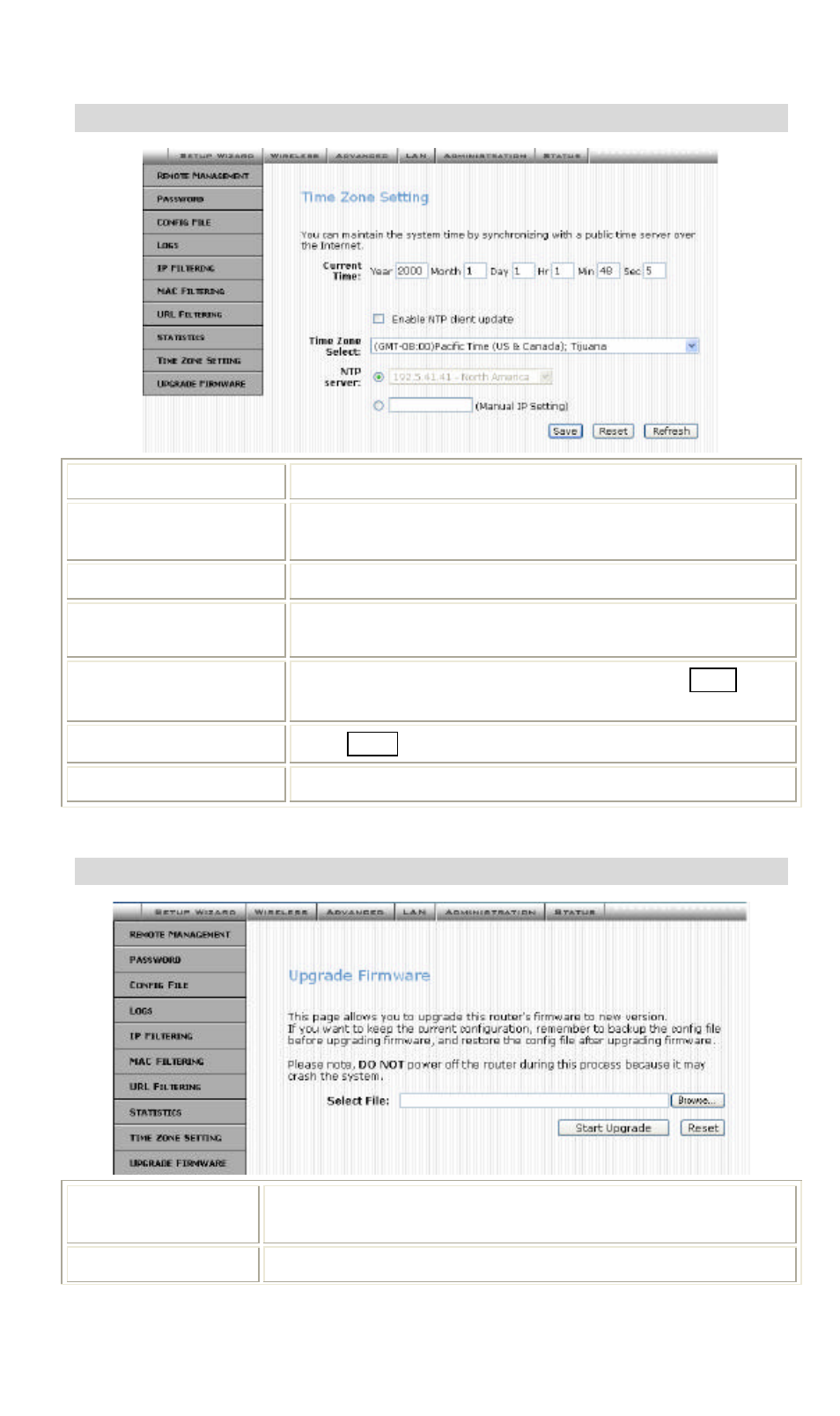 Time zone setting, Upgrade firmware | Hawking Technology Wireless-G Router User Manual | Page 34 / 56