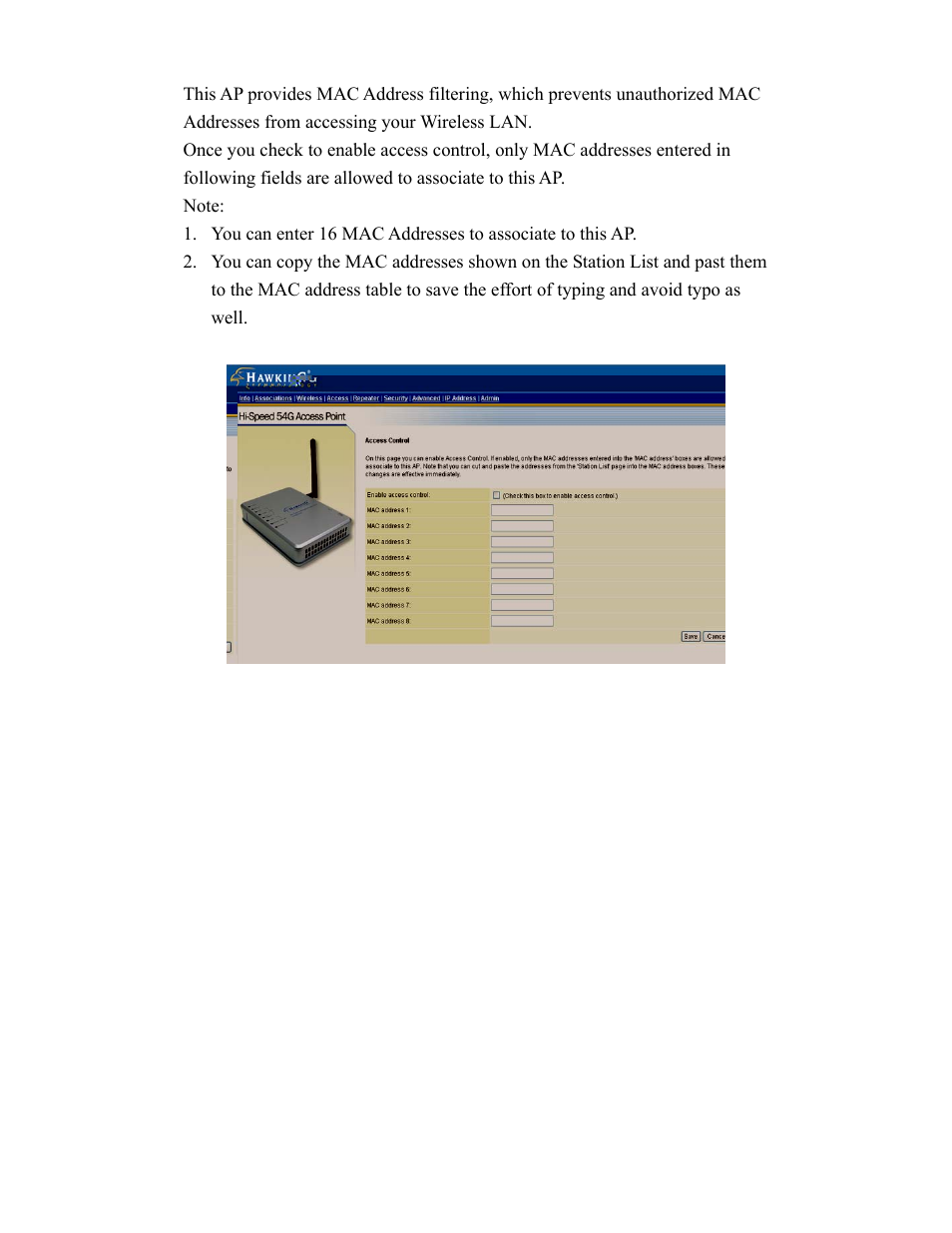 Access (access control) | Hawking Technology HWBA54G User Manual | Page 16 / 36