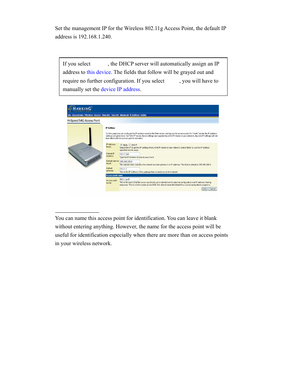 Ip addr (ip address settings) | Hawking Technology HWBA54G User Manual | Page 24 / 36