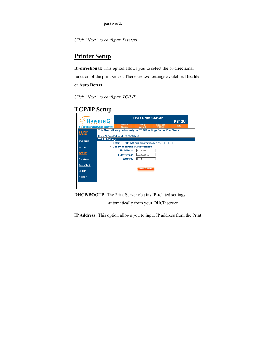 Printer setup, Tcp/ip setup | Hawking Technology PS12U User Manual | Page 31 / 64