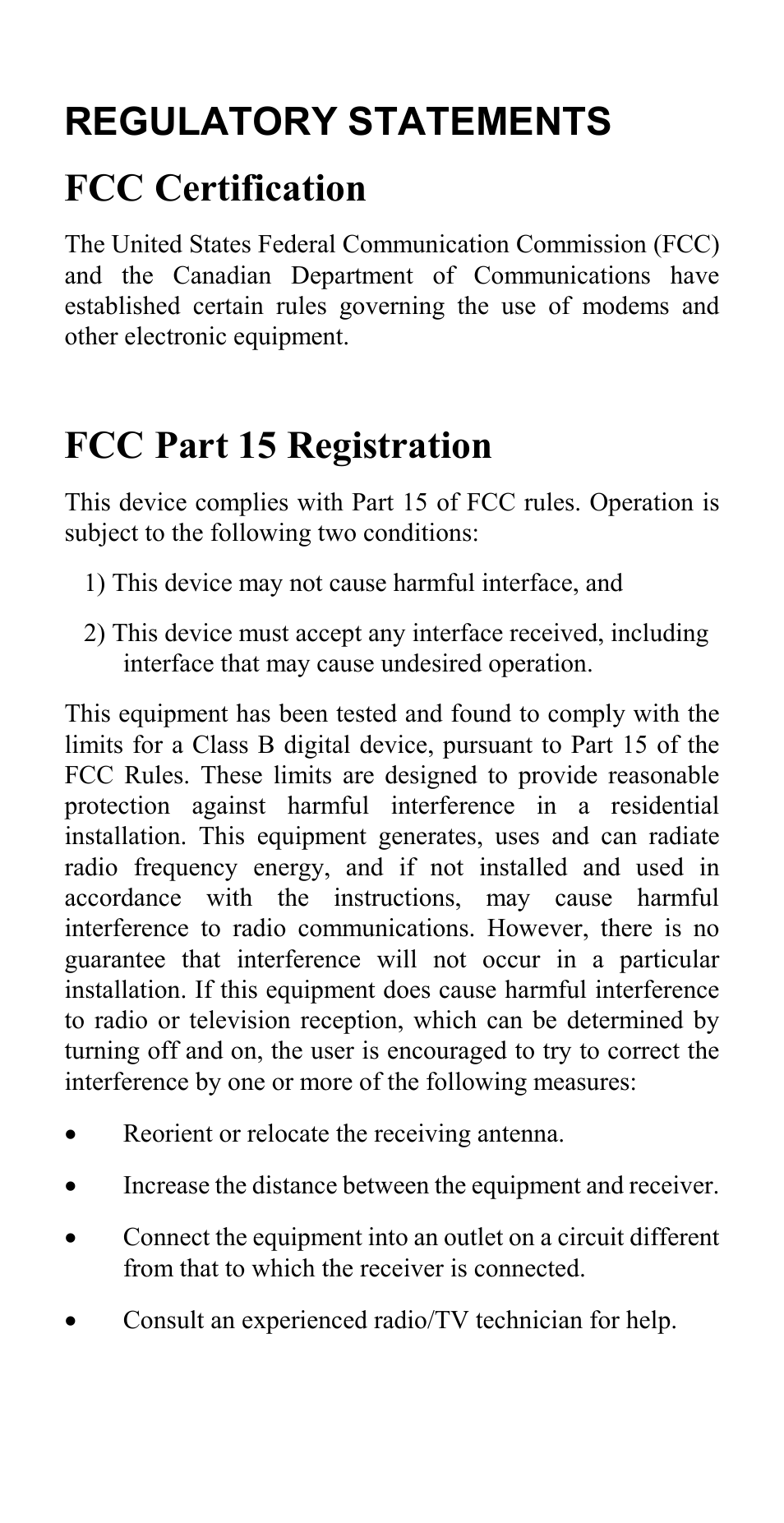 Regulatory statements fcc certification, Fcc part 15 registration | Hawking Technology CardBus 10/100 Fast Ethernet PC Card User Manual | Page 2 / 21