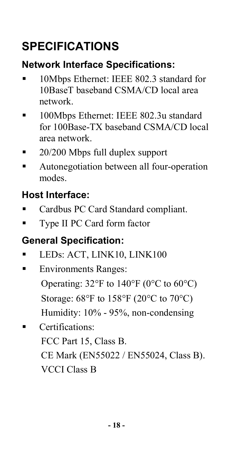 Specifications, Network interface specifications, Host interface | General specification | Hawking Technology CardBus 10/100 Fast Ethernet PC Card User Manual | Page 21 / 21