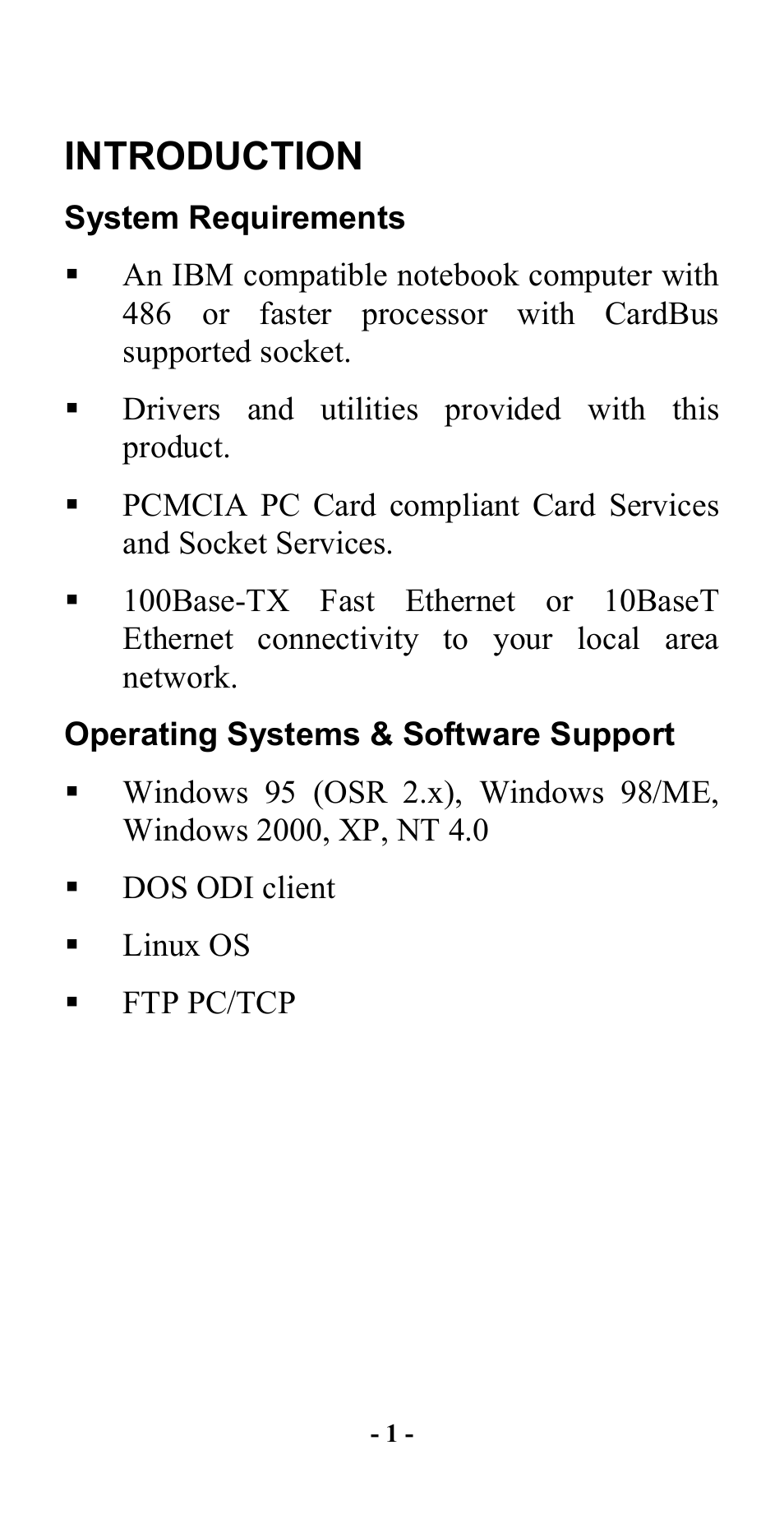 Introduction, System requirements, Operating systems & software support | Hawking Technology CardBus 10/100 Fast Ethernet PC Card User Manual | Page 4 / 21