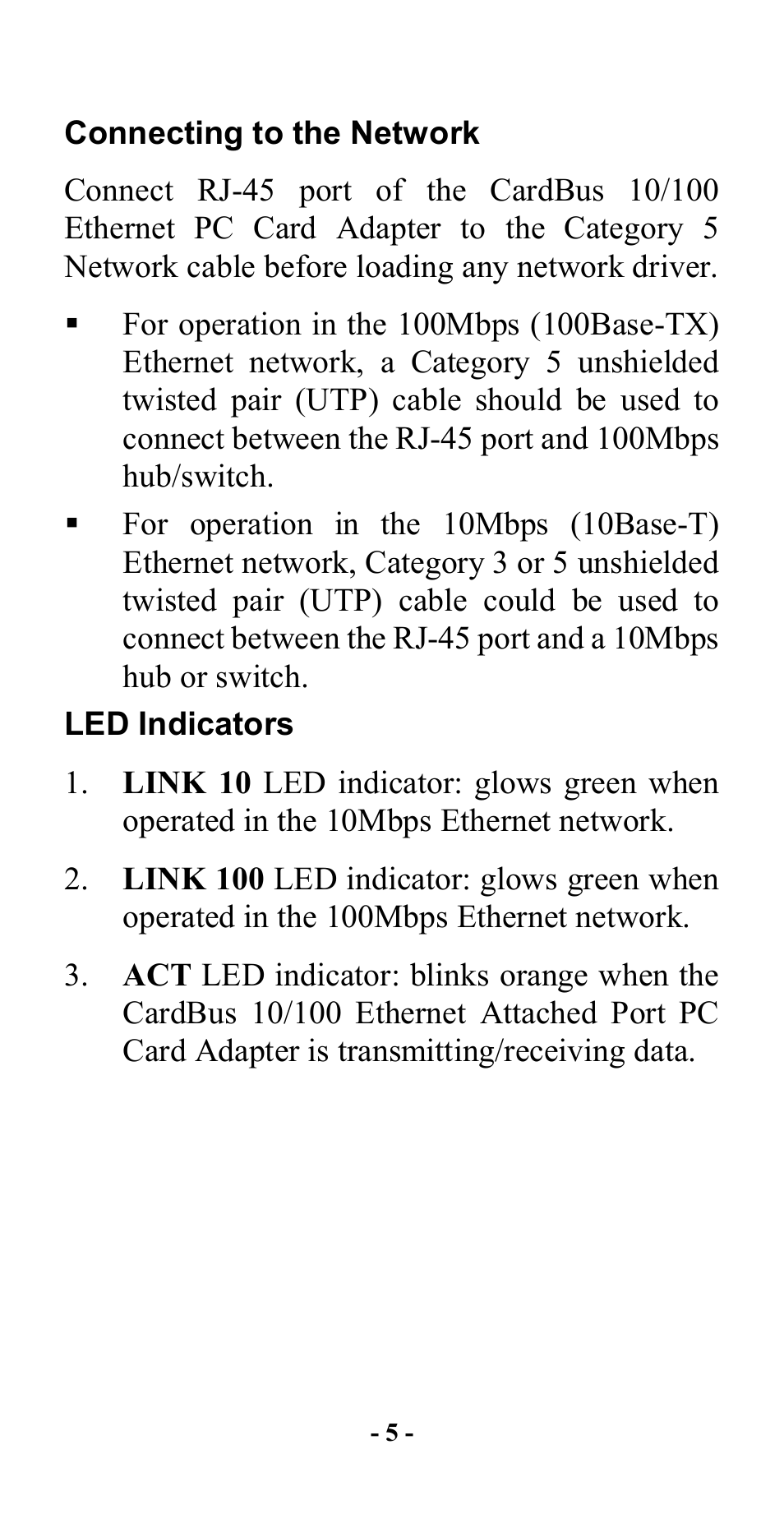 Connecting to the network, Led indicators | Hawking Technology CardBus 10/100 Fast Ethernet PC Card User Manual | Page 8 / 21