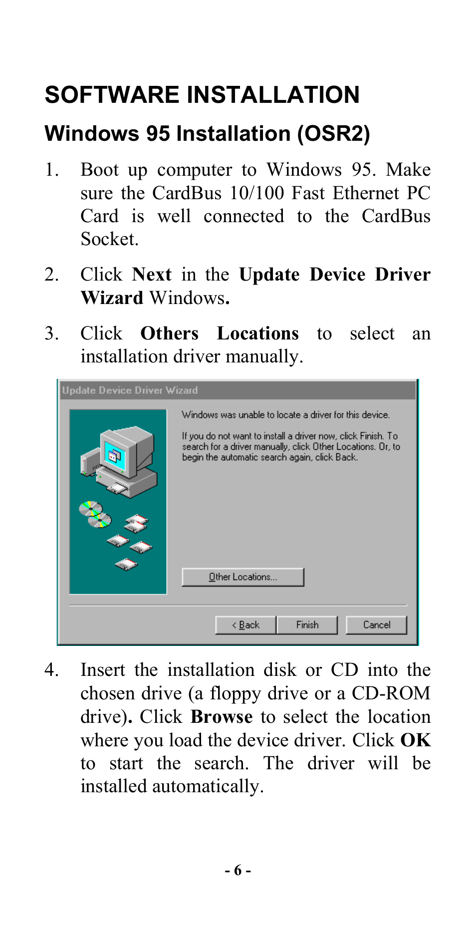Software installation, Windows 95 installation (osr2), Indows | 95 i, Nstallation, Osr2) | Hawking Technology CardBus 10/100 Fast Ethernet PC Card User Manual | Page 9 / 21