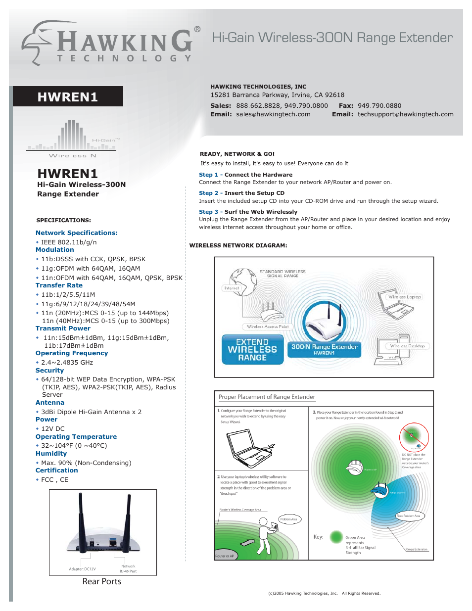 Hi-gain wireless-300n range extender, Hwren1, Rear ports | Hawking Technology Hawking Hi-Gain Wireless USB Network Dish Adapter 300N User Manual | Page 12 / 24