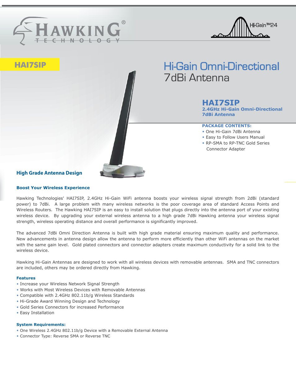 Hi-gain omni-directional 7dbi antenna, Hai7sip | Hawking Technology Hawking Hi-Gain Wireless USB Network Dish Adapter 300N User Manual | Page 15 / 24