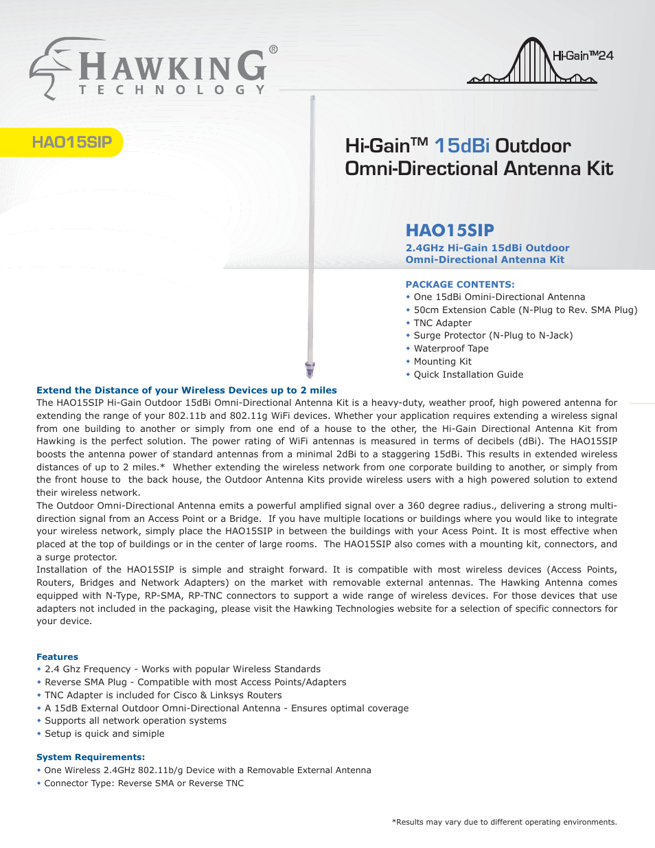 Hi-gain, 15dbi outdoor omni-directional antenna kit, Hao15sip | Hawking Technology Hawking Hi-Gain Wireless USB Network Dish Adapter 300N User Manual | Page 21 / 24