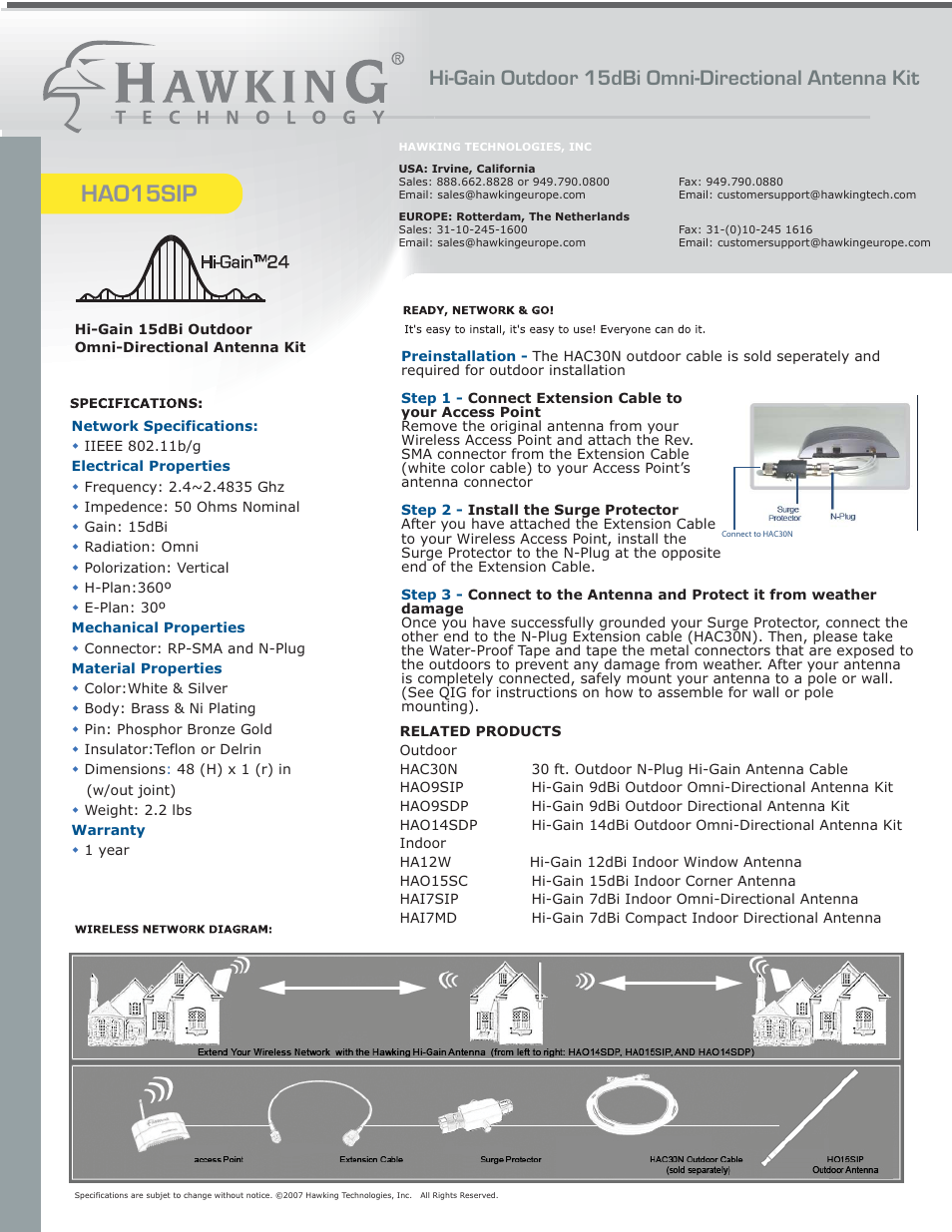 Hao15sip, Hi-gain outdoor 15dbi omni-directional antenna kit | Hawking Technology Hawking Hi-Gain Wireless USB Network Dish Adapter 300N User Manual | Page 22 / 24