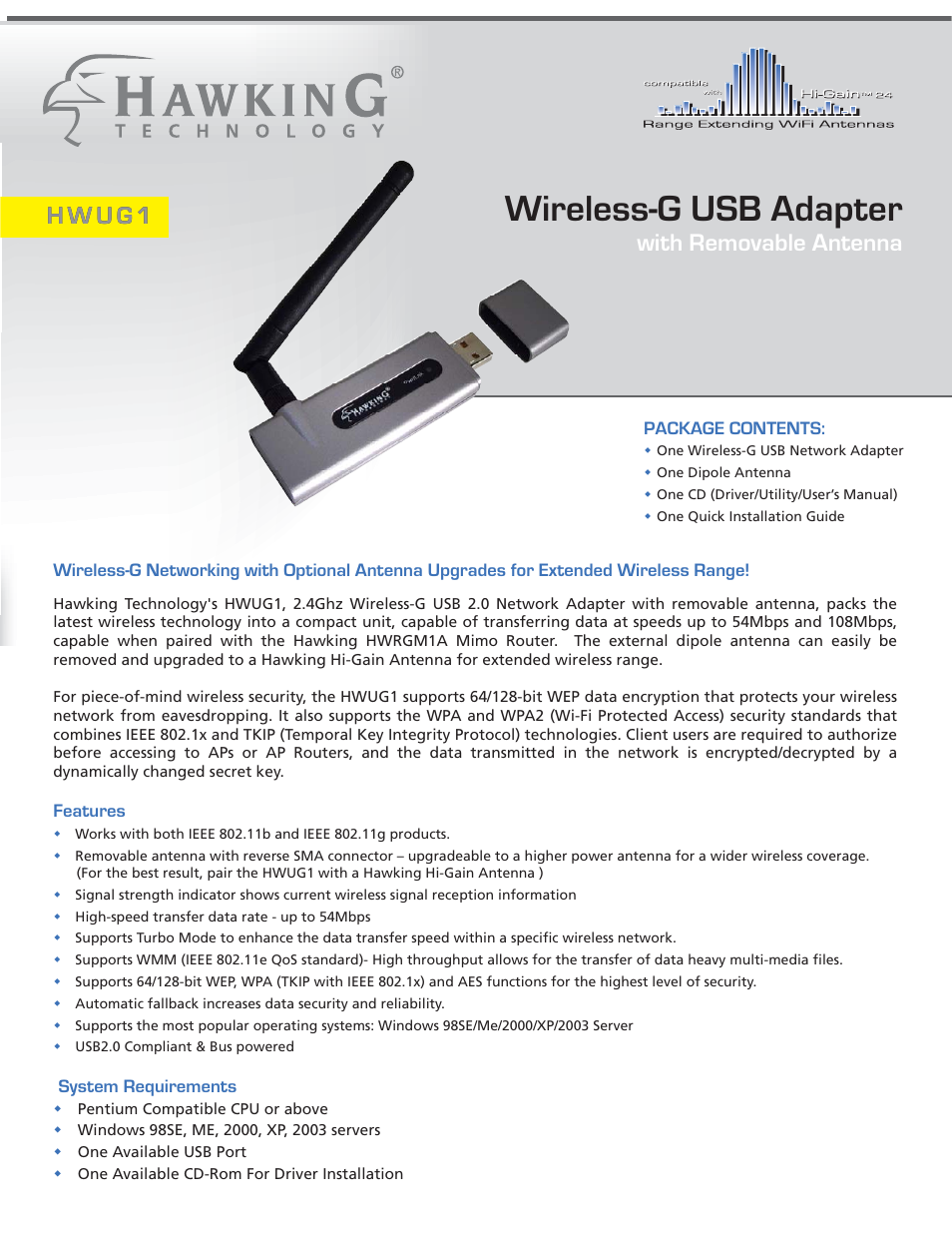 Wireless-g usb adapter, With removable antenna | Hawking Technology Hawking Hi-Gain Wireless USB Network Dish Adapter 300N User Manual | Page 3 / 24