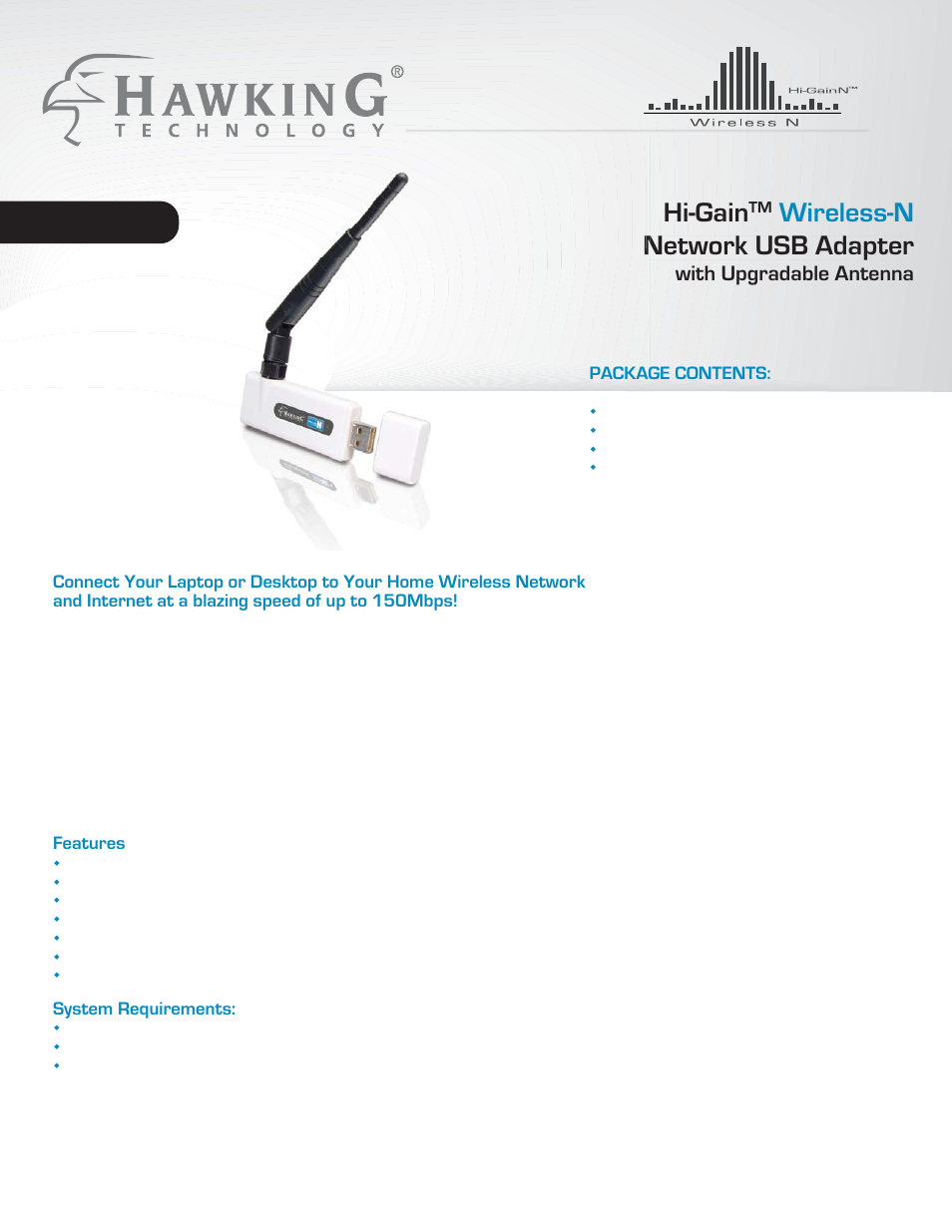 Hi-gain, Wireless-n network usb adapter, With upgradable antenna hwun3 hwun3 | Features, System requirements, Package contents | Hawking Technology Hawking Hi-Gain Wireless USB Network Dish Adapter 300N User Manual | Page 5 / 24