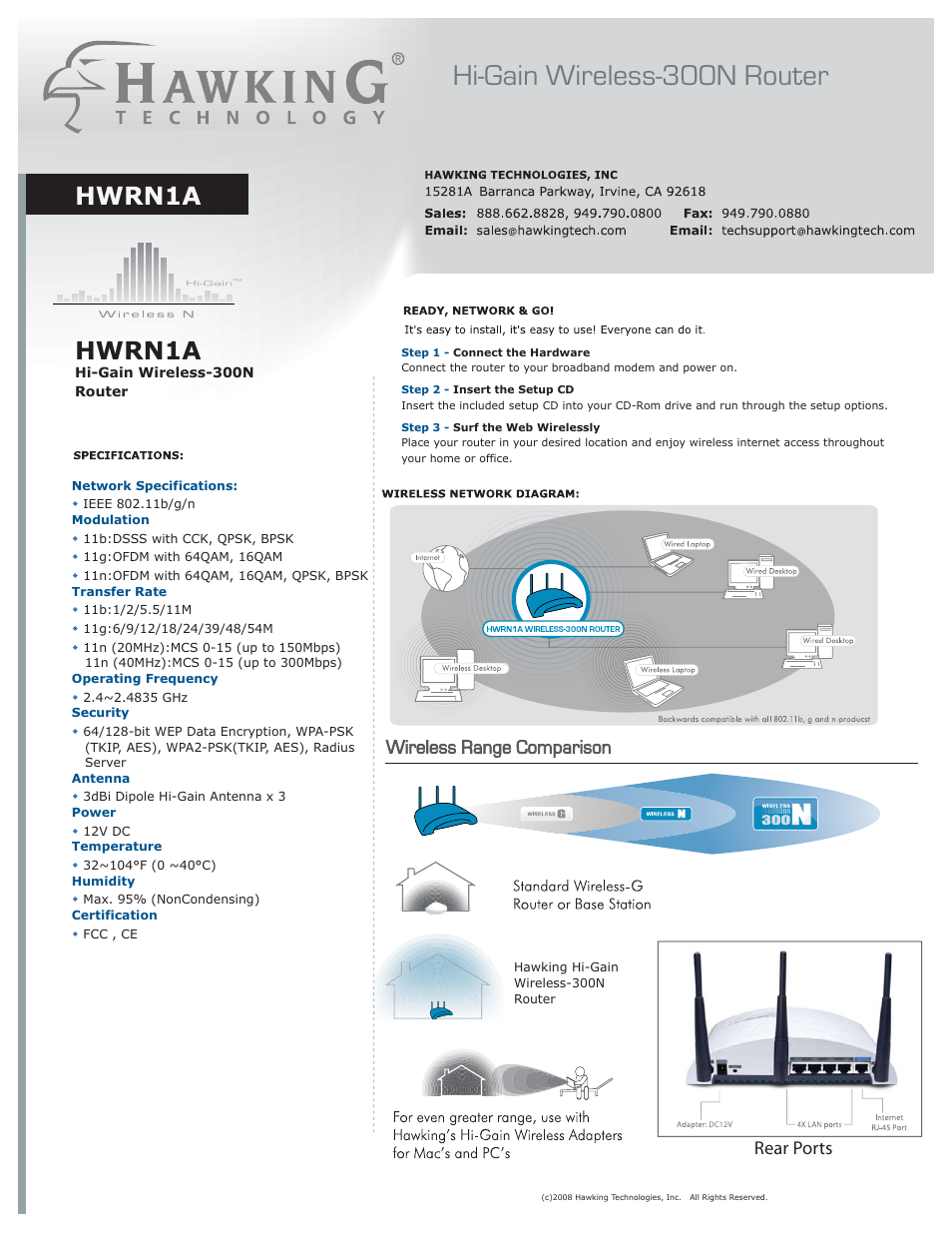 Hi-gain wireless-300n router, Hwrn1a, Rear ports | Hawking Technology Hawking Hi-Gain Wireless USB Network Dish Adapter 300N User Manual | Page 8 / 24